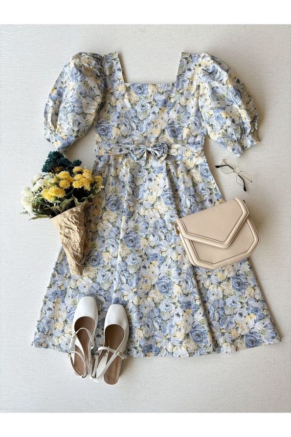 Kucukum Boutique Blue Pastel Floral Print Mother-Daughter Dress Set