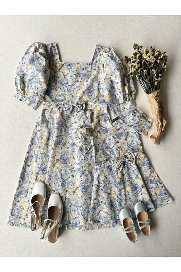 Kucukum Boutique Blue Pastel Floral Print Mother-Daughter Dress Set