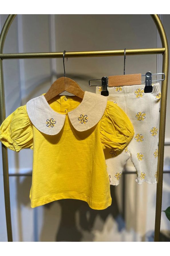 Baume Clothes Floral Collar Yellow Two-Piece Set for Baby Girls