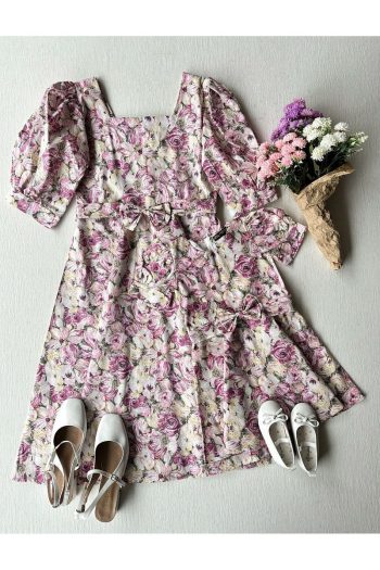 Kucukum Boutique Pink Pastel Square Neck Floral A-Line Mother-Daughter Dress Set