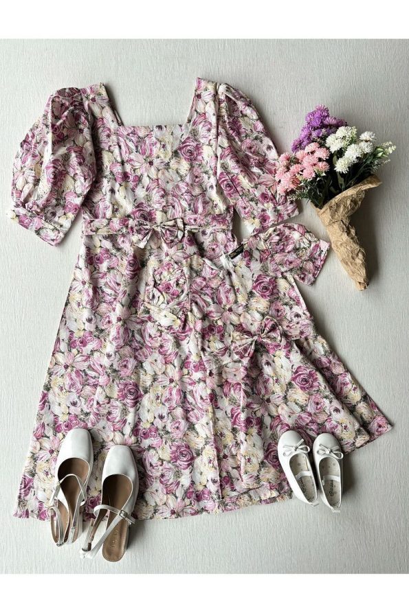 Kucukum Boutique Pink Pastel Square Neck Floral A-Line Mother-Daughter Dress Set