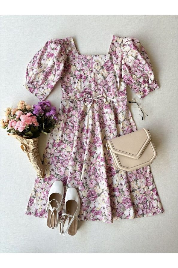 Kucukum Boutique Pink Pastel Square Neck Floral A-Line Mother-Daughter Dress Set
