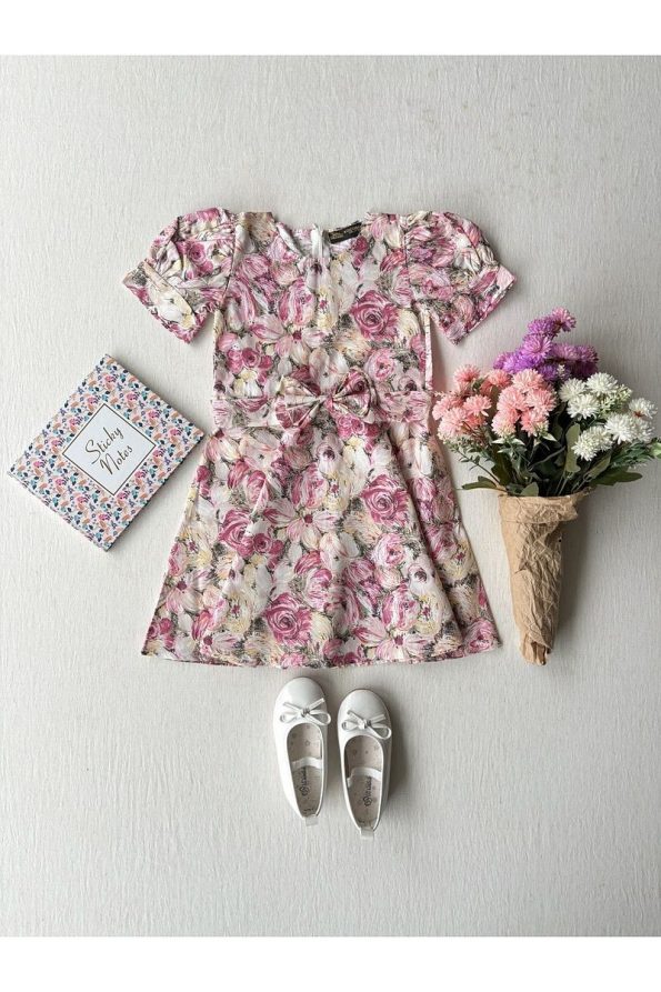 Kucukum Boutique Pink Pastel Square Neck Floral A-Line Mother-Daughter Dress Set