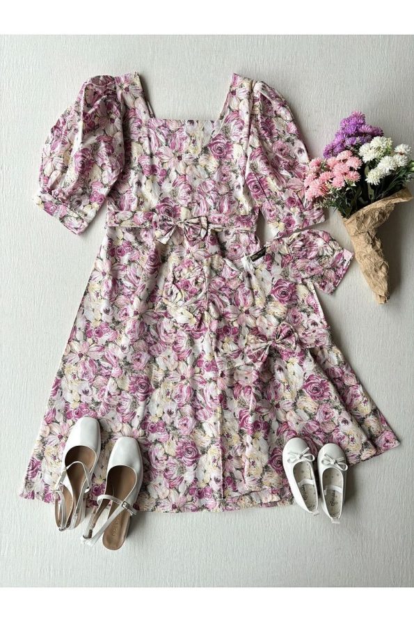 Kucukum Boutique Pink Pastel Square Neck Floral A-Line Mother-Daughter Dress Set