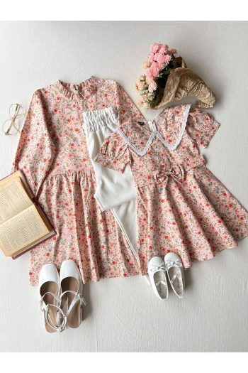 Little One Boutique Blush Mini Floral Ruffled Collar Poplin Tunic and Girls Dress