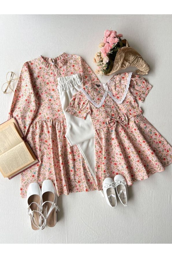 Little One Boutique Blush Mini Floral Ruffled Collar Poplin Tunic and Girls Dress