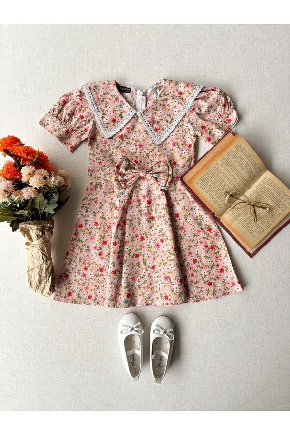 Kucugum Boutique Vintage Large Collar Powder Floral Flared Mother-Daughter Dress Set