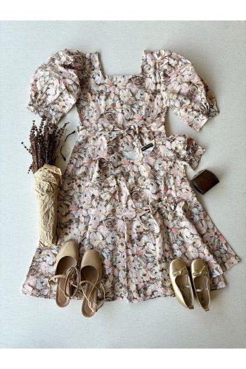 Brown Pastel Floral Patterned Flared Mother-Daughter Dress Set