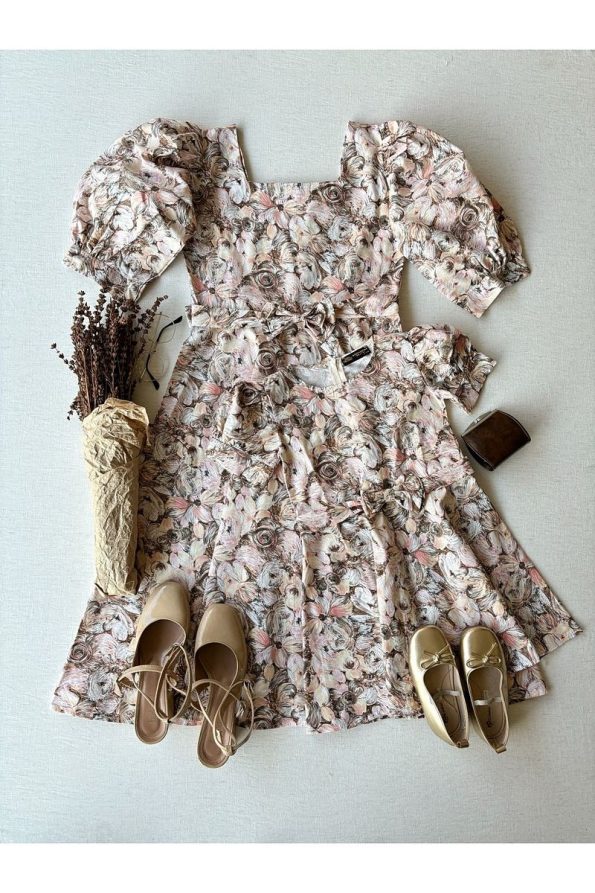 Brown Pastel Floral Patterned Flared Mother-Daughter Dress Set