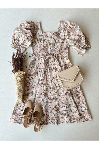 Brown Pastel Floral Patterned Flared Mother-Daughter Dress Set