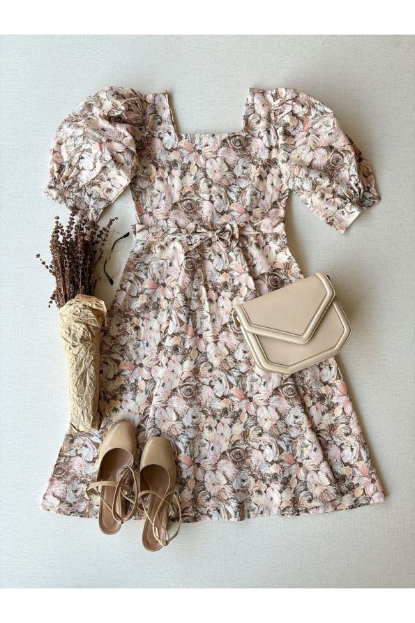 Brown Pastel Floral Patterned Flared Mother-Daughter Dress Set