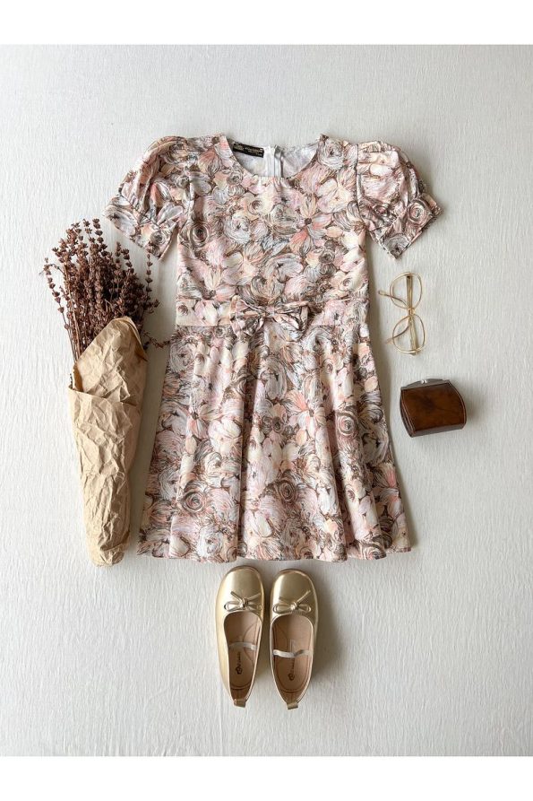 Brown Pastel Floral Patterned Flared Mother-Daughter Dress Set