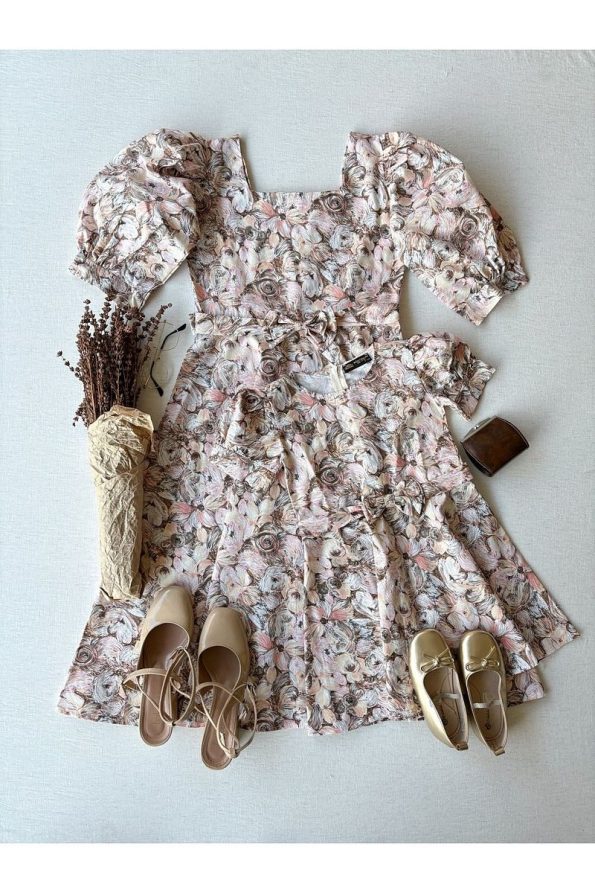 Brown Pastel Floral Patterned Flared Mother-Daughter Dress Set