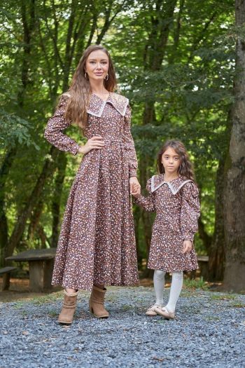 Vintage Brown Floral Long Sleeve Mother-Daughter Outfit
