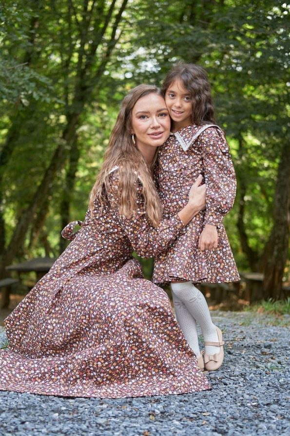 Vintage Brown Floral Long Sleeve Mother-Daughter Outfit