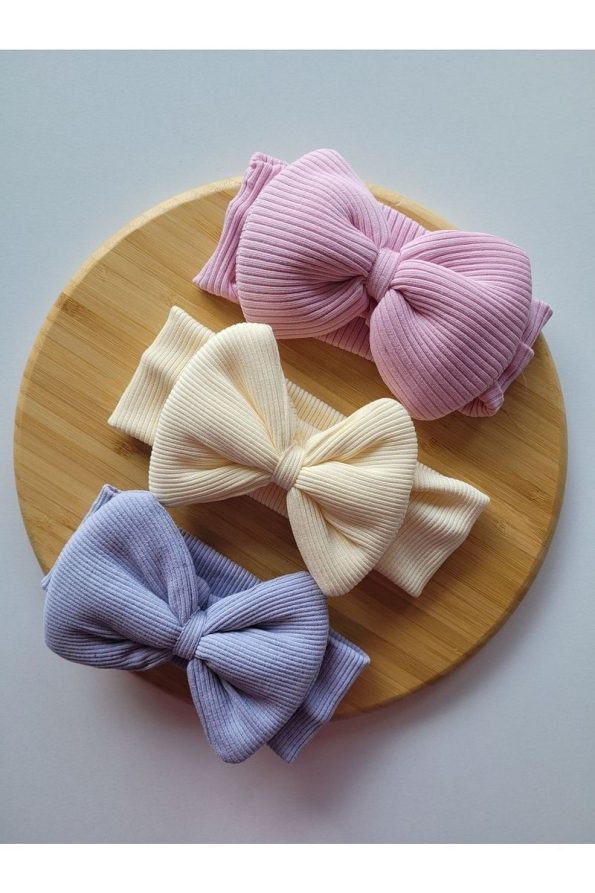 SeherBebeButik Girls' Ribbed Bow Bandana 3-Piece Set