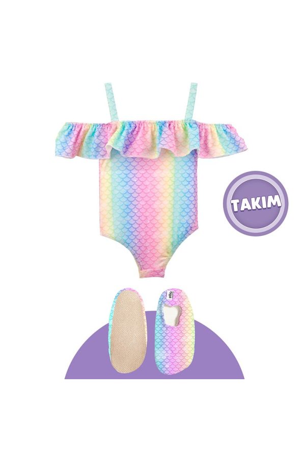 Ella Bonna Rainbow Themed Girls Beach Outfit with Swim Shoes & Swimsuit Set