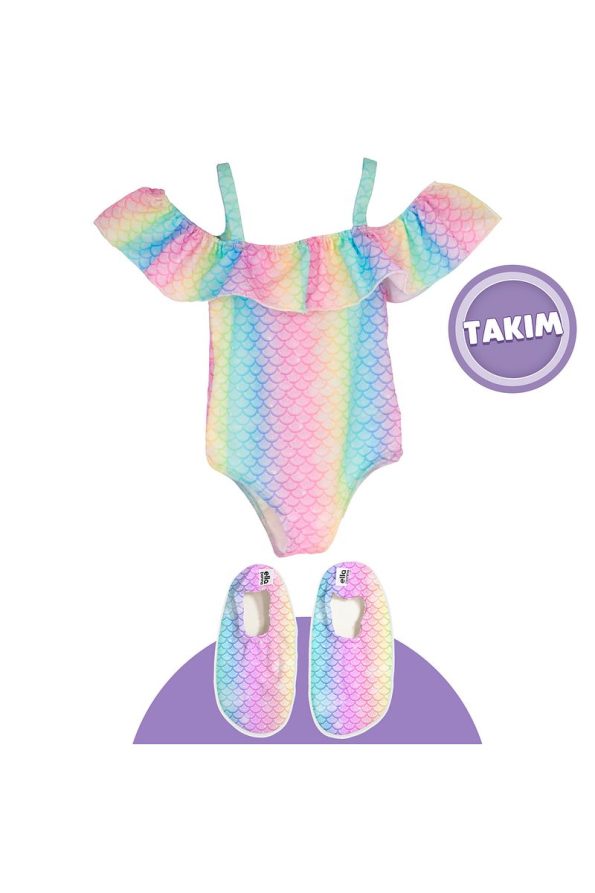Ella Bonna Rainbow Themed Girls Beach Outfit with Swim Shoes & Swimsuit Set