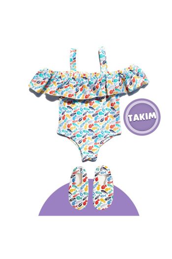 Ella Bonna Colorful Fish Themed Girls Beach Outfit with Water Shoes & Swimsuit Set
