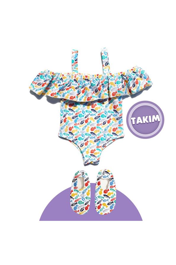 Ella Bonna Colorful Fish Themed Girls Beach Outfit with Water Shoes & Swimsuit Set