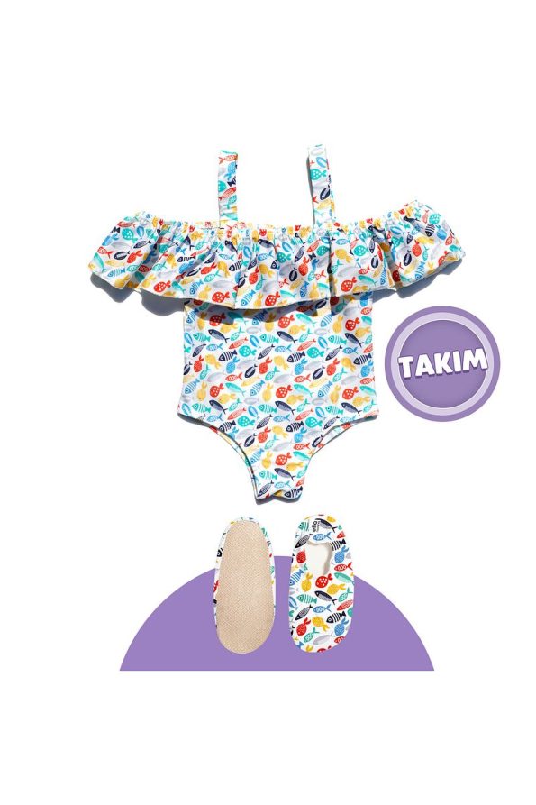 Ella Bonna Colorful Fish Themed Girls Beach Outfit with Water Shoes & Swimsuit Set