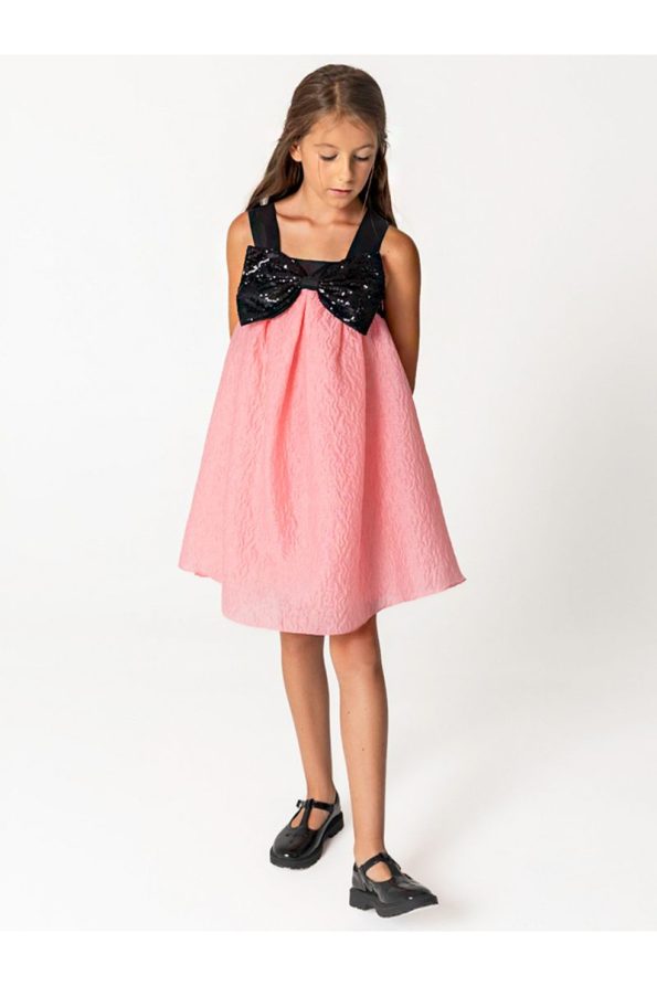 SheShe Pink Jacquard Dress with Sequin Bow Detail for Girls