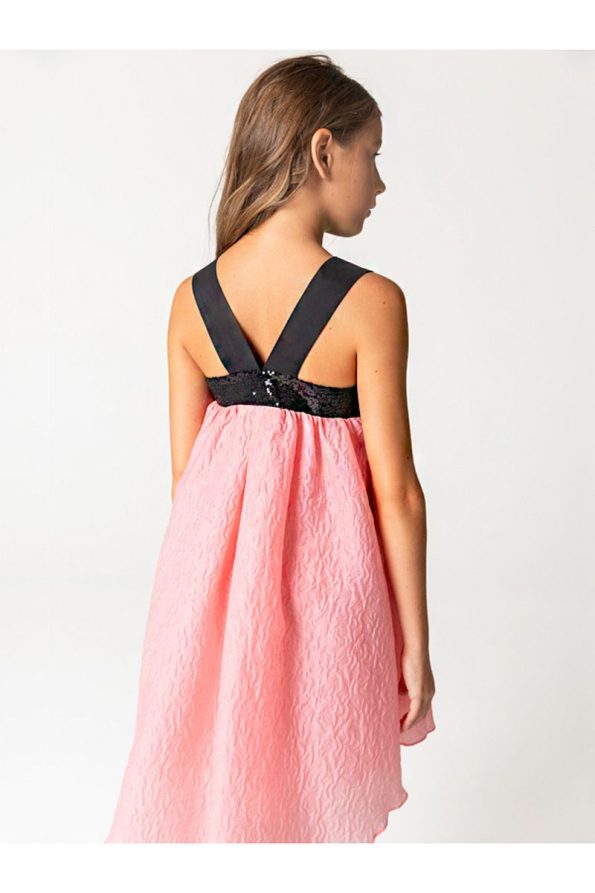 SheShe Pink Jacquard Dress with Sequin Bow Detail for Girls