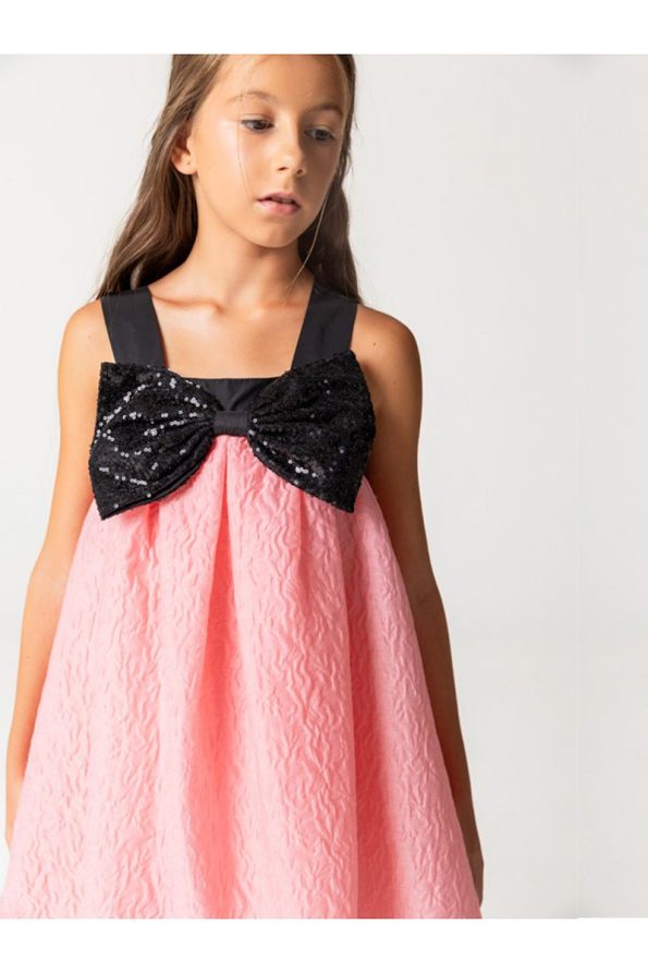 SheShe Pink Jacquard Dress with Sequin Bow Detail for Girls