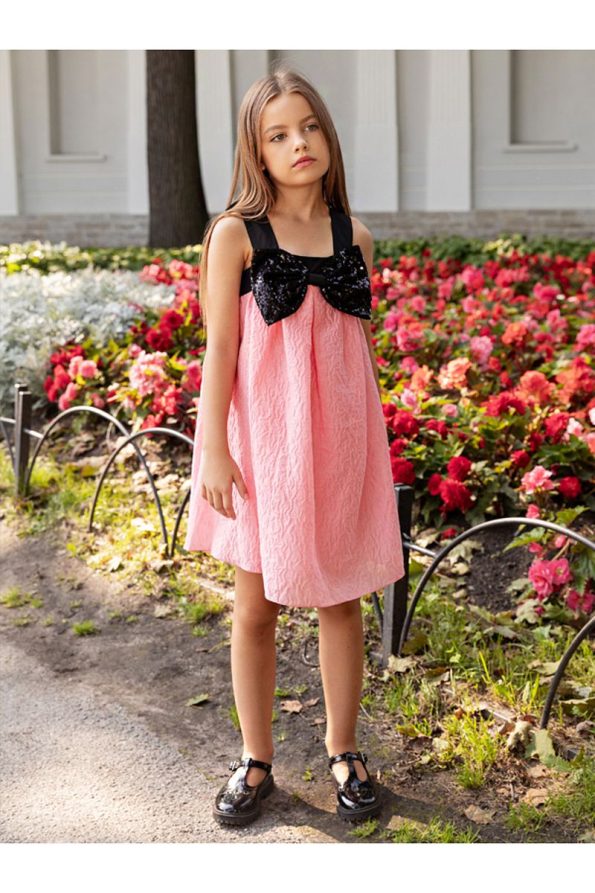 SheShe Pink Jacquard Dress with Sequin Bow Detail for Girls