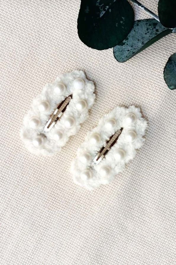 Handcrafted White Snap Hair Clip with Pearl Embellishments for Girls