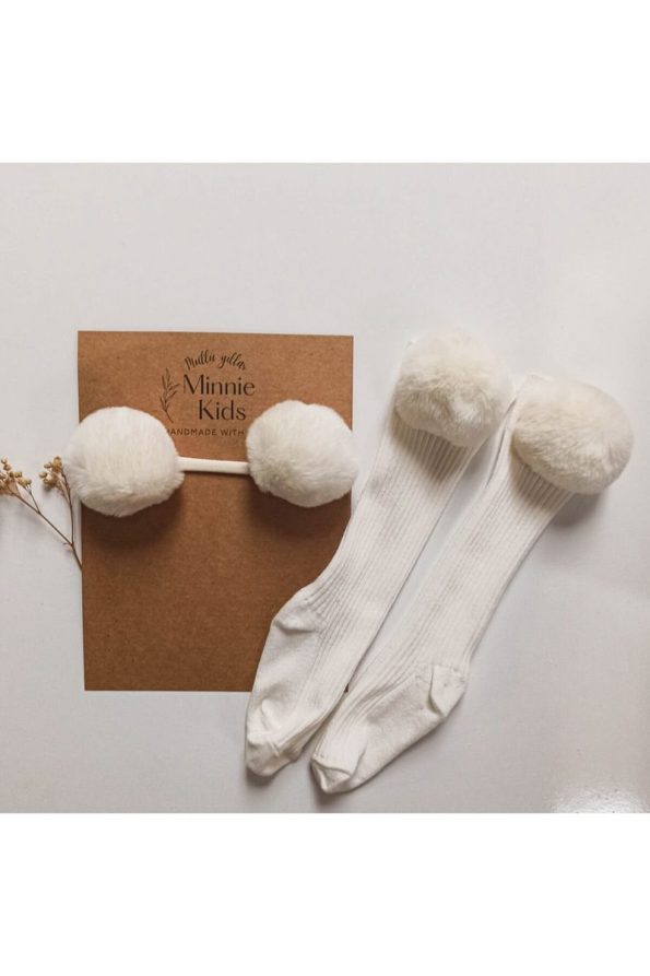 Girls' Baby Cream Bandana with Pom Poms and Pom Pom Socks