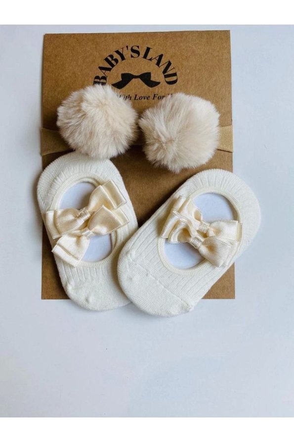 Babyland School Socks for Girls with Cream Pom-Pom Headband and Cream Ballet Socks