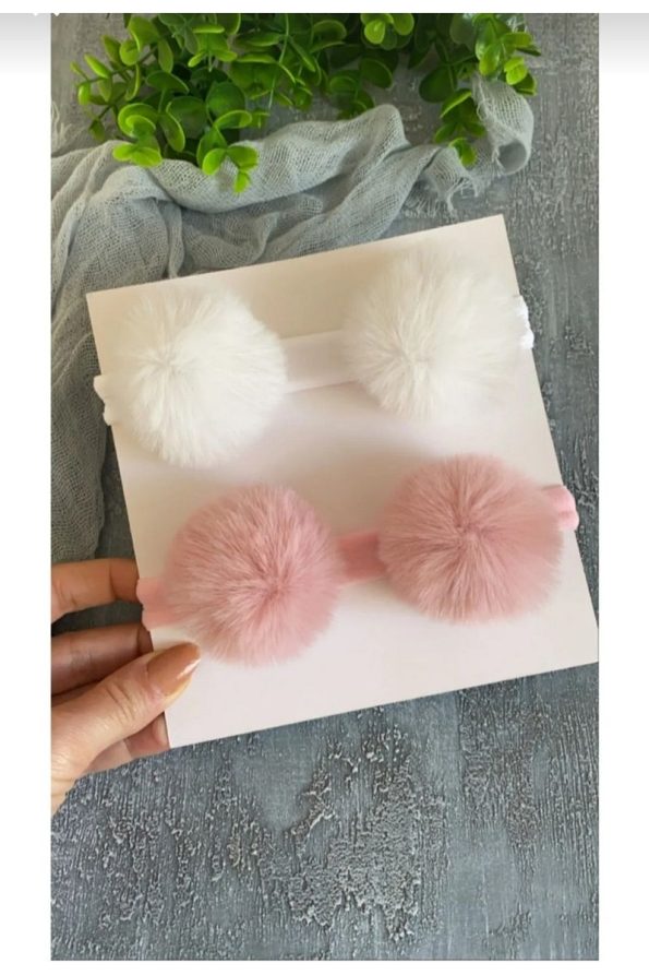 ESES BEBE Baby Girl White - Pink Pom Pom Headband Set
