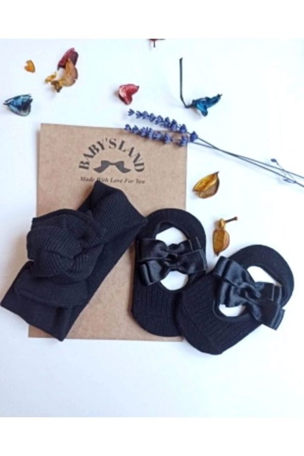Babyland Black Ribbed Bandana and Ballet Sock Set for Girls