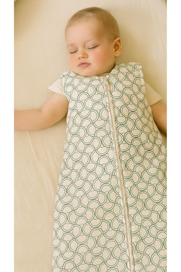 Hibboux Waves 100% Cotton Sleeveless 2.5 Tog Japanese Inspired Wave Pattern Sleep Sack Green Ecru