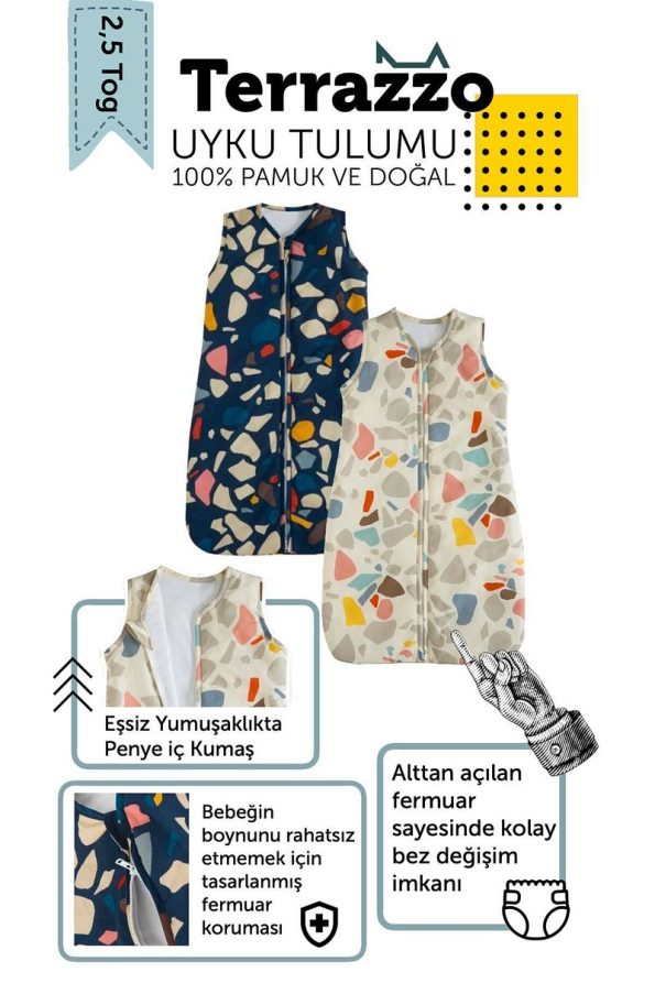 Hibboux Terazzo 100% Cotton Nano Padding Sleeveless 2.5 Tog Stone Pattern Sleeping Bag - Grey Beige