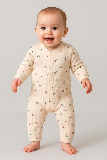 Dynamic Kids Cherry Print Snap Crotch Newborn Baby Romper