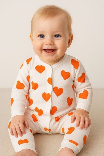 Dynamic Kids Heart Print Ribbed Fabric Snap Closure Newborn Baby Romper