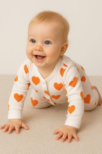 Dynamic Kids Heart Print Ribbed Fabric Snap Closure Newborn Baby Romper