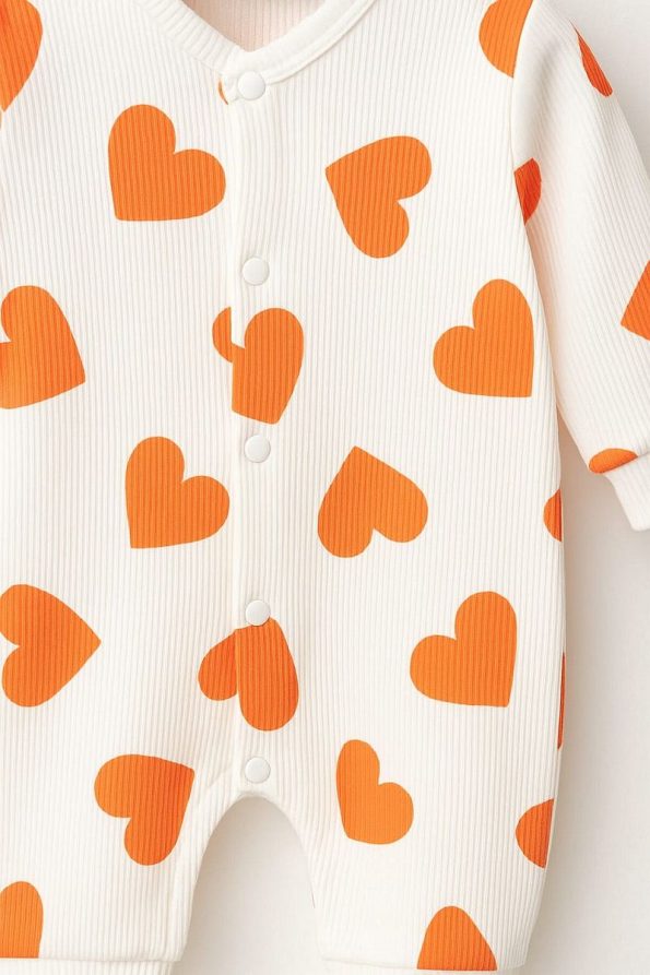 Dynamic Kids Heart Print Ribbed Fabric Snap Closure Newborn Baby Romper