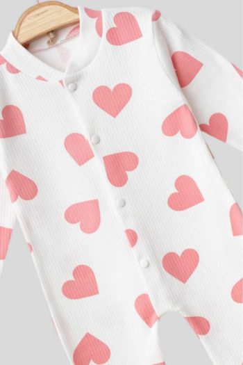 Dynamic Kids Heart Printed Ribbed Fabric Snapsuit for Newborns 100% Cotton