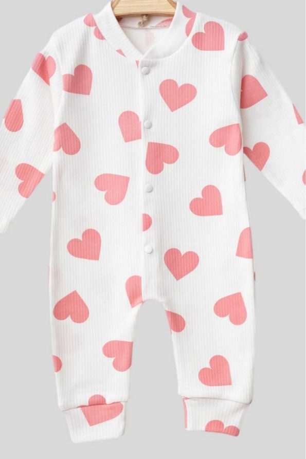 Dynamic Kids Heart Printed Ribbed Fabric Snapsuit for Newborns 100% Cotton