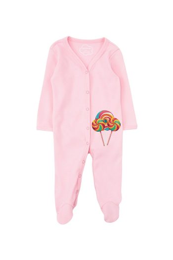 Mavipink Baby Girls' 100% Cotton Pink Long Sleeve Footed Romper with Lollipop Print