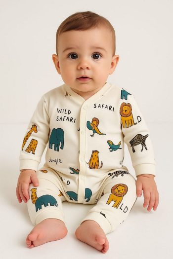 Dynamic Kids Boy Baby Safari Print Snap-Button Newborn Romper 100% Cotton Stretch 1-3-6 Months