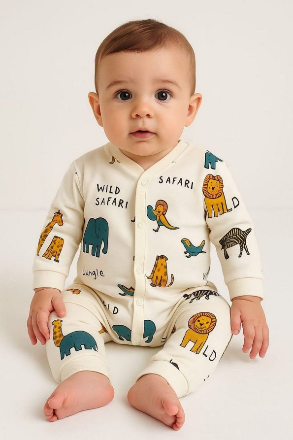 Dynamic Kids Boy Baby Safari Print Snap-Button Newborn Romper 100% Cotton Stretch 1-3-6 Months