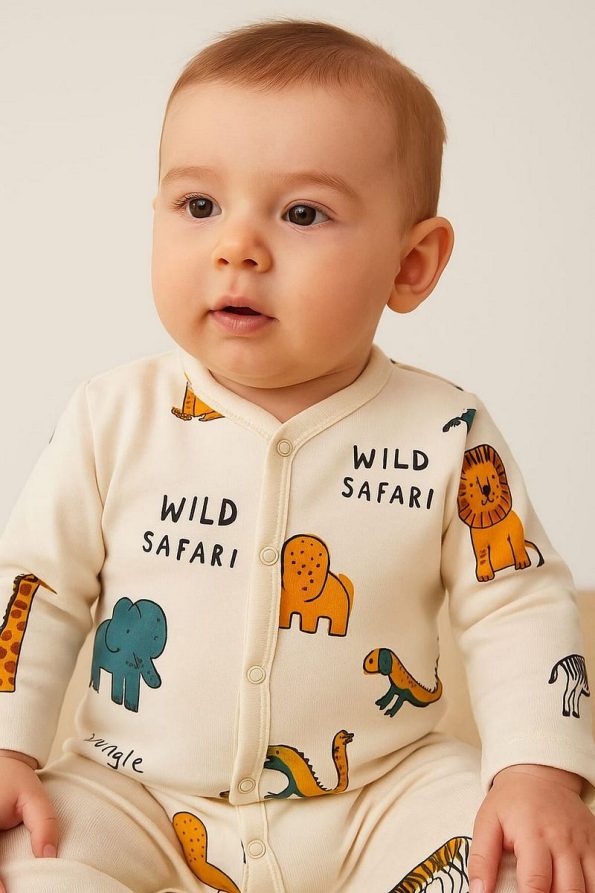 Dynamic Kids Boy Baby Safari Print Snap-Button Newborn Romper 100% Cotton Stretch 1-3-6 Months