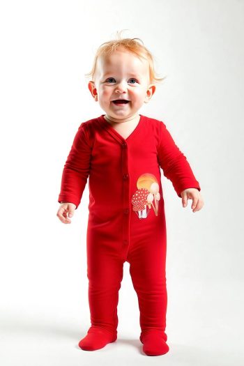 Red Long Sleeve Footed Romper with Hello Mushroom Print