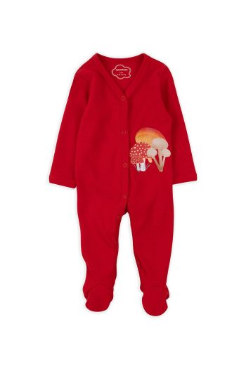 Red Long Sleeve Footed Romper with Hello Mushroom Print