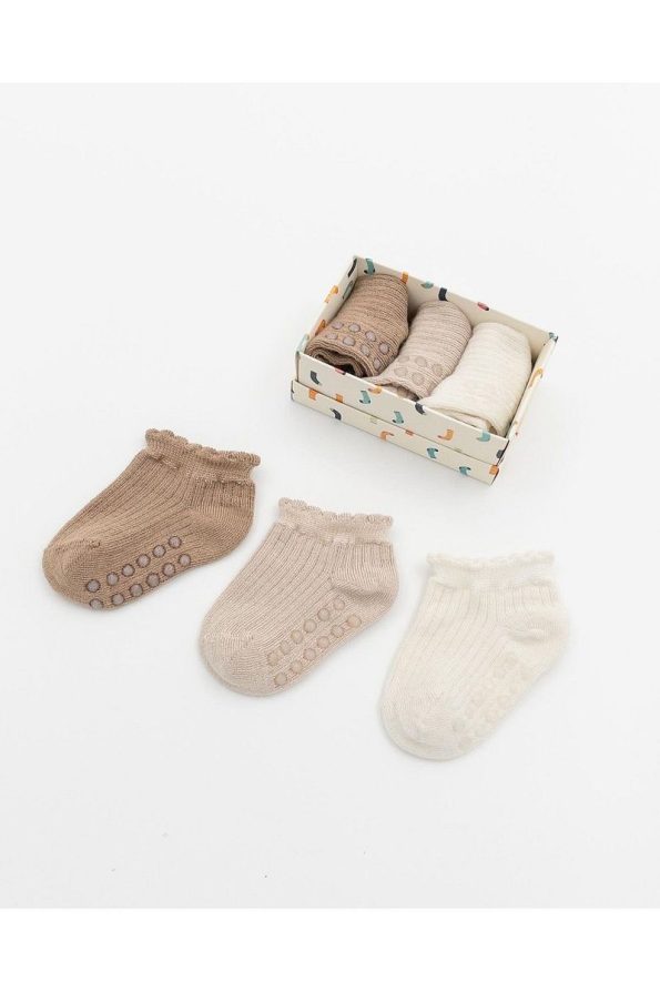 KARAMİLA Set of 3 Girls' Short Bamboo Socks with Non-Slip Silicone Base