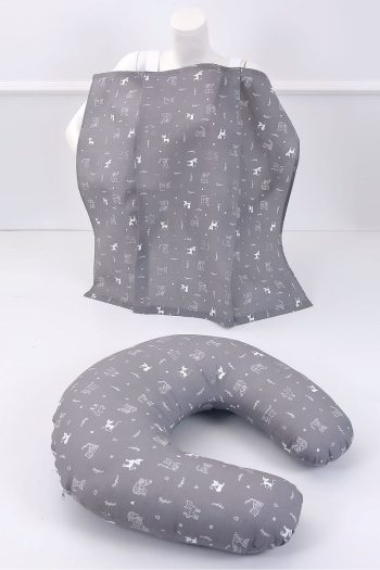Umaybebek Nursing Pillow and Bib Set - Cotton Fabric - Grey Cat